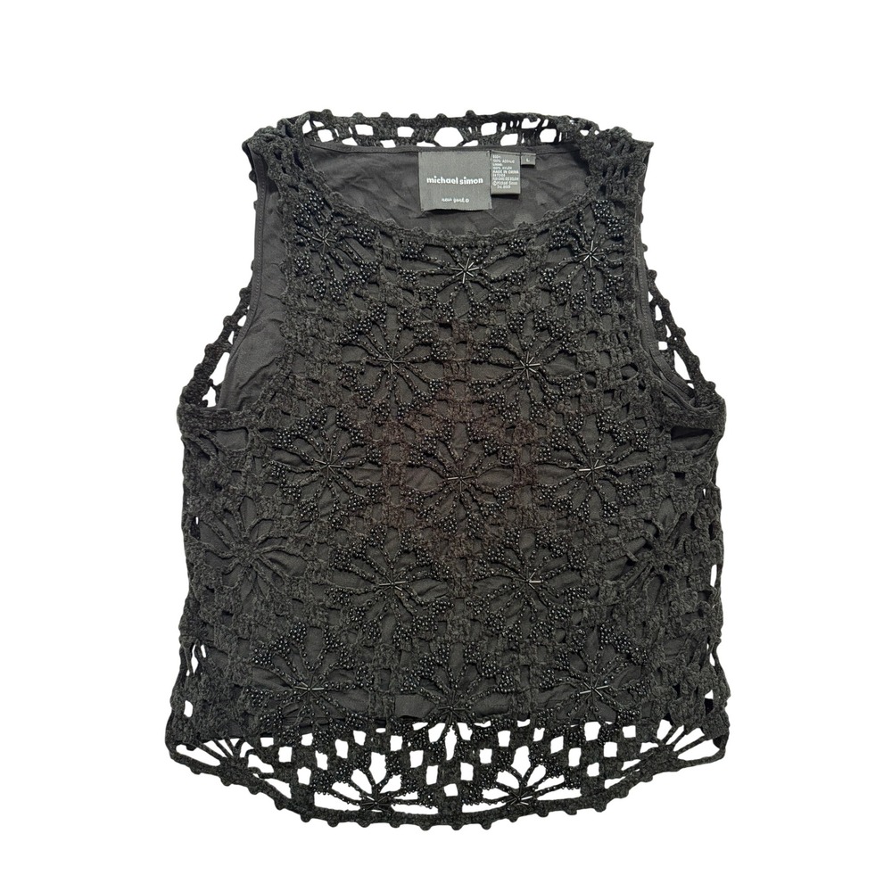 Michael Simon Crochet Top Women L Black Excellent Beaded Floral Sleeveless Boho